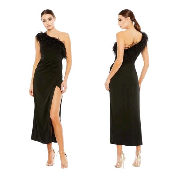 Mac Duggal 68147 One Shoulder Draped Length Dress Feather Trim Black Size 10 NWT - Picture 1 of 16